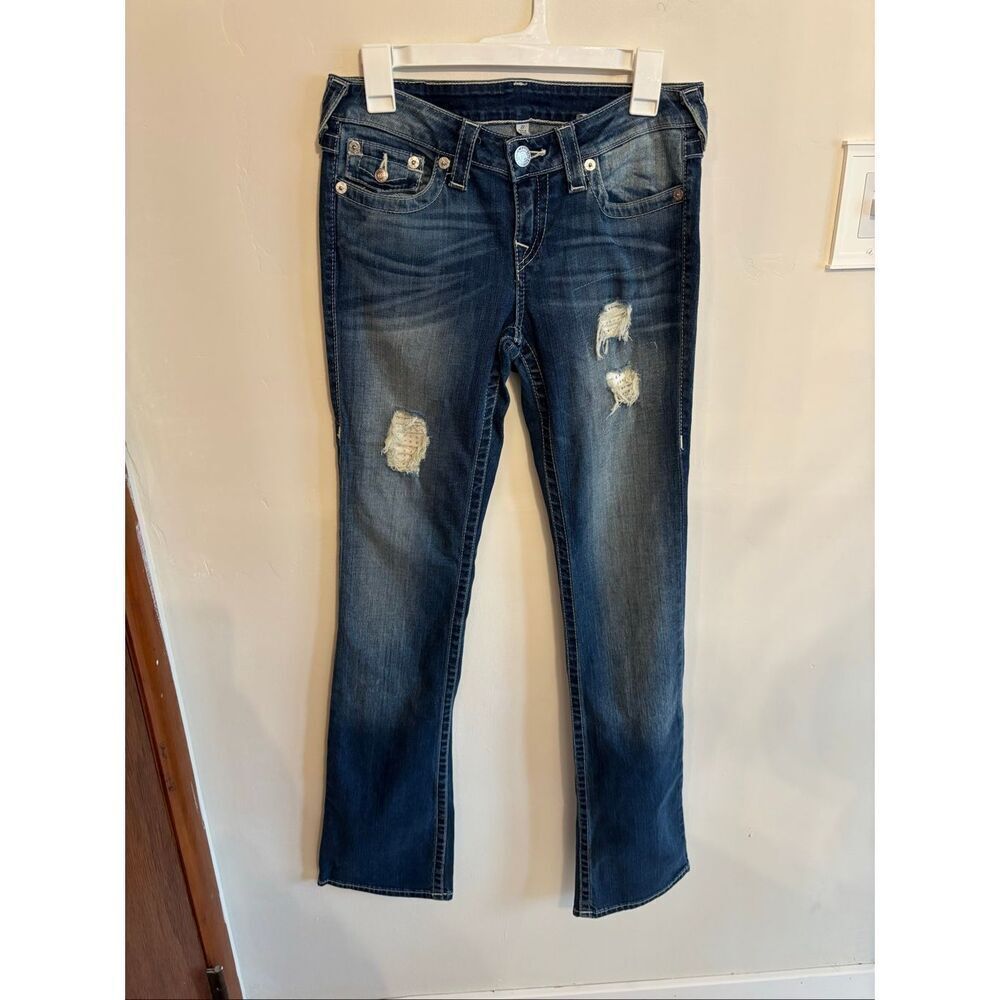 True Religion Y2K Bootcut Jeans Size 27 Low Rise Dark Wash Rhinestone Distressed